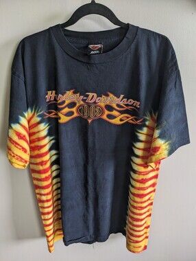 HARLEY DAVIDSON Vtg? Mantua Ohio T-Shirt fire Orange Black Tie Dye USA Size L